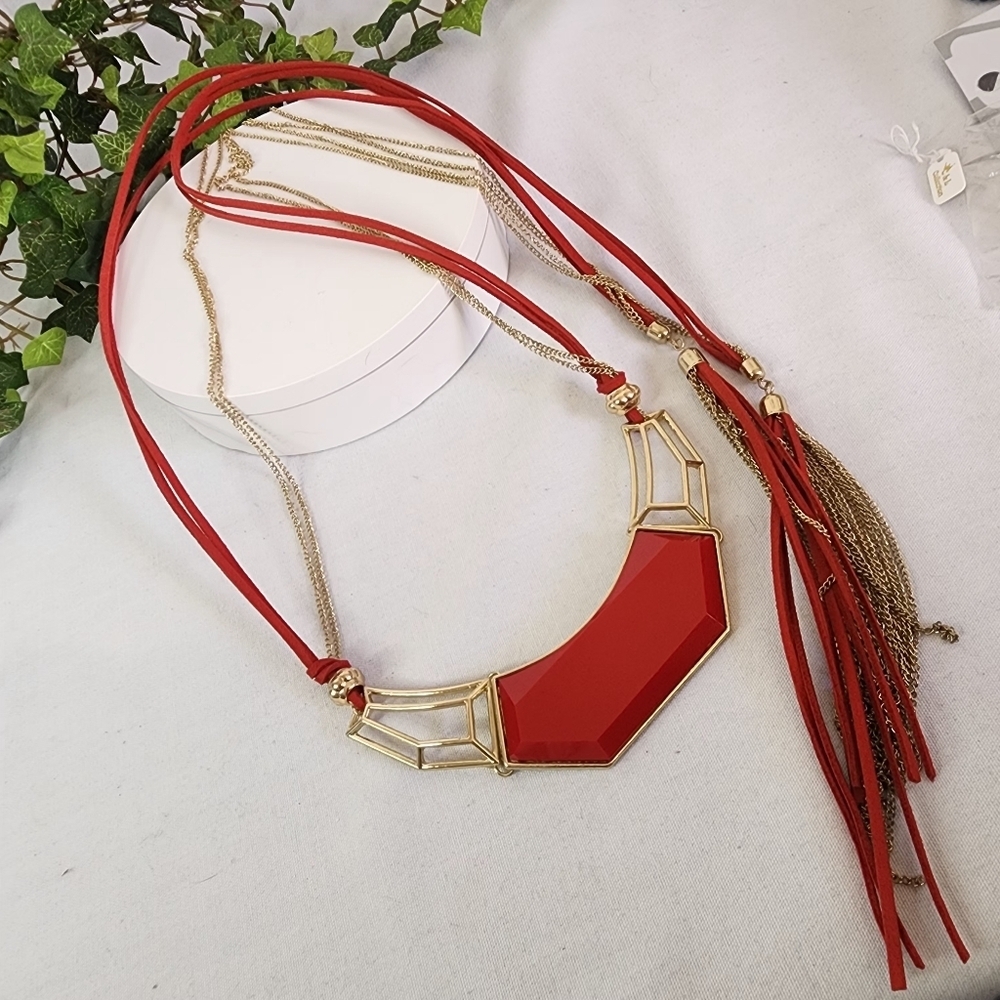 Long Adjustable Necklace Red Suede Leather and Gold Chain with Bid